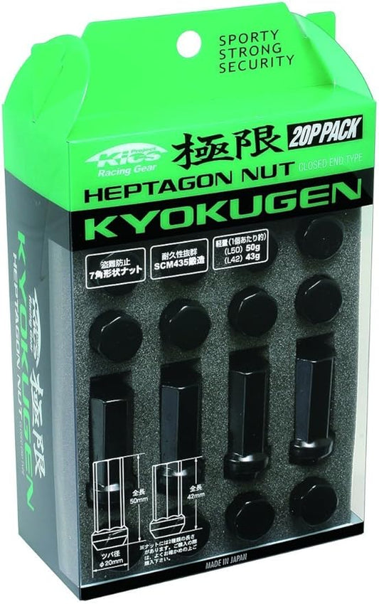 Kics WHPF1BL42 Kyokugen Heptagon Black 42mm Length (12mm x 1.5 Thread Size) Lug Nut, (Set of 20)